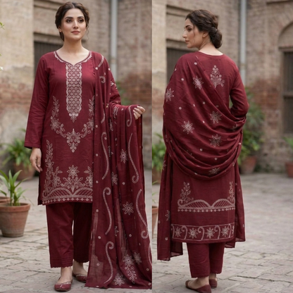 ZAB- Winter 3PC Slub Linen Embroidered Suit - zab1553