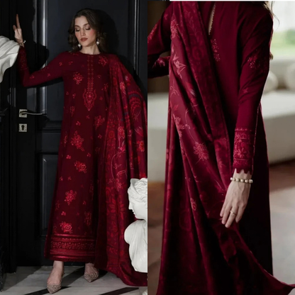 Zaib - 3PC Dhanak Embroidered Shirt With Wool Printed Dupatta and Trouser - zab1554