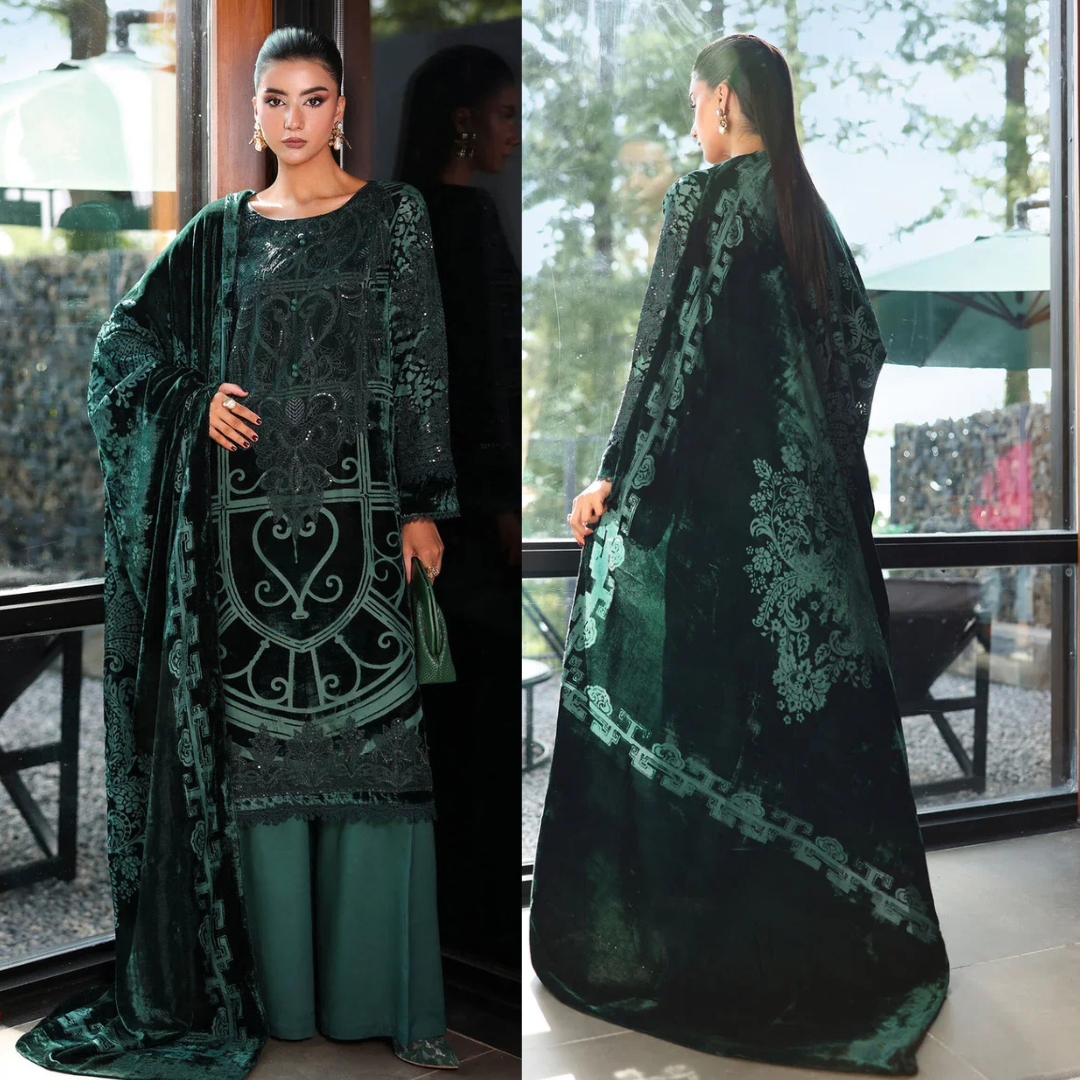 MARIA B - Luxury Velvet with heavy embroidered spangle work Velvet Shawl - zab998