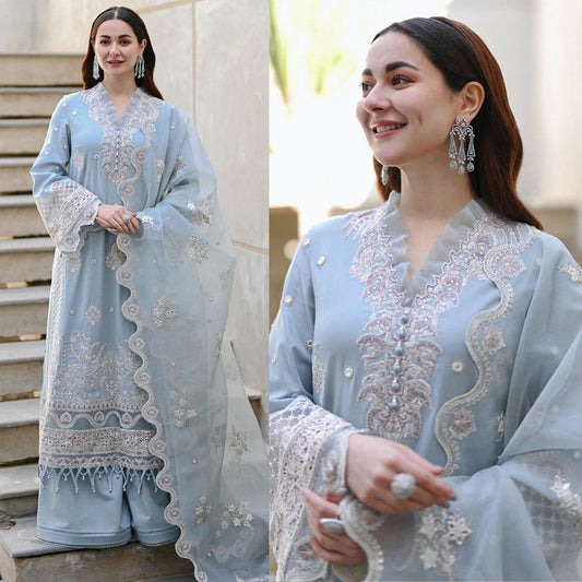 Summer Unstitched 3PCs Embroidered Lawn Dress With Organza Embroidered Dupatta zab905