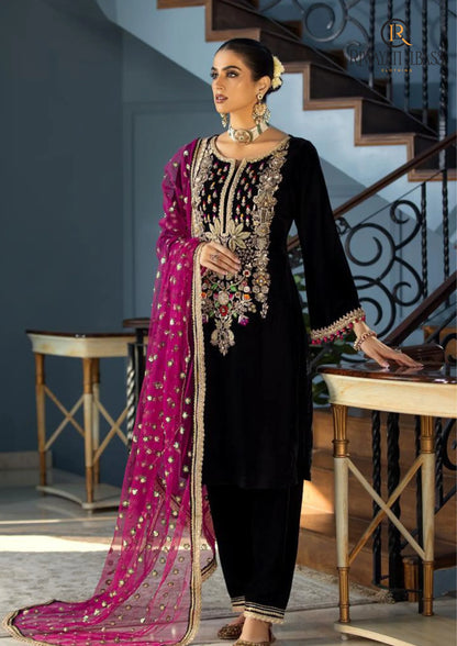 zab964 Winter Unstitched 3PCs Velvet Dress With Embroidered Organza Dupatta