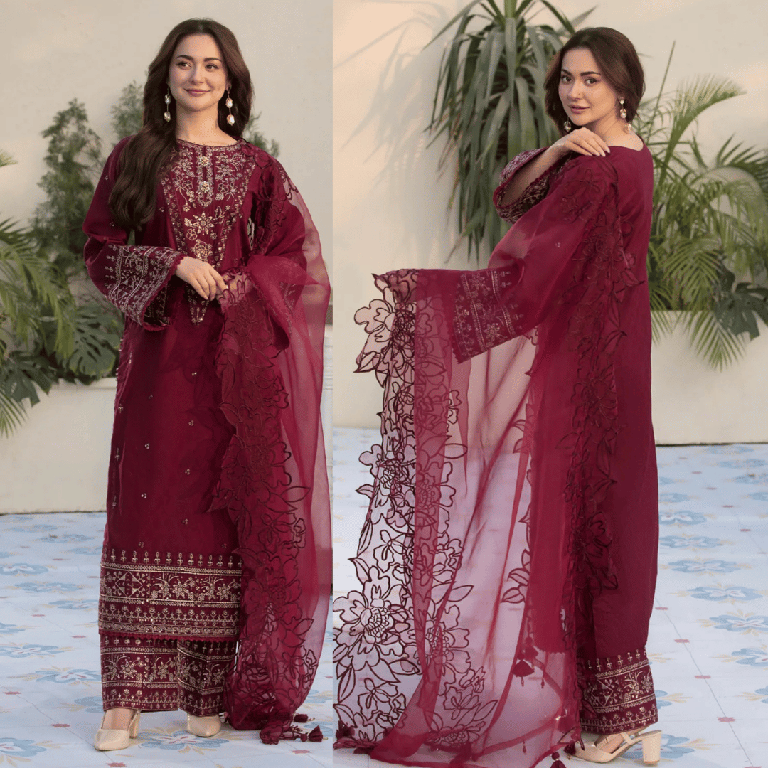 3PCs Embroidered Lawn Dress With Organza Embroidered Dupatta zab1015