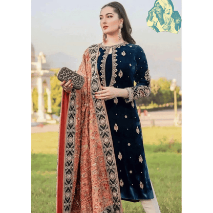 Unstitched Velvet 3PCs Embroidered Dress With Dhanak Shawl - zab965