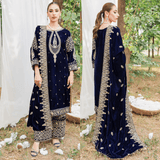 3PCs Velvet Embroidered Dress With Velvet Embroidered Shawl - zab967
