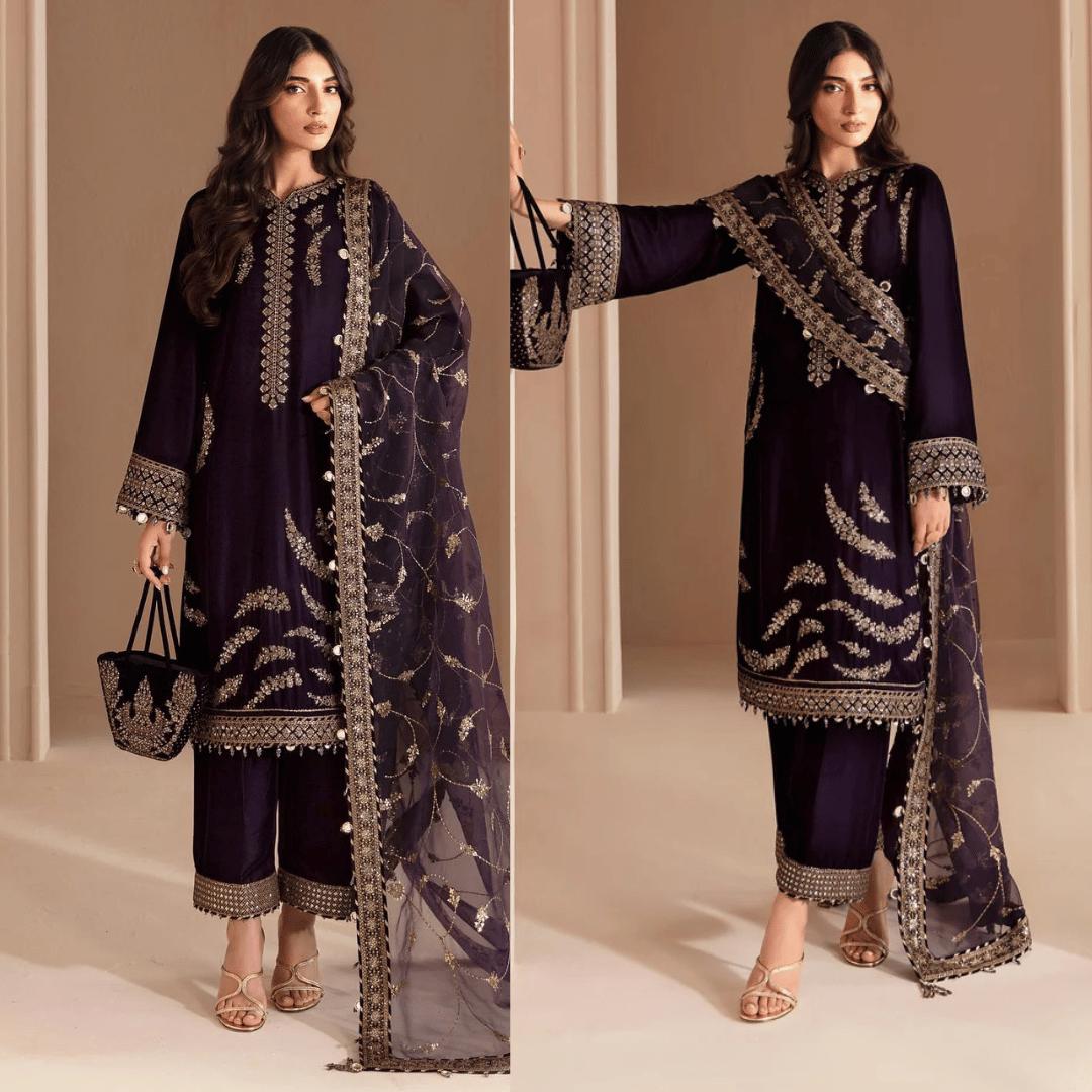 3PCs Embroidered Velvet Dress With Shamooz Silk Trouser - zab968