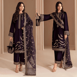 3PCs Embroidered Velvet Dress With Shamooz Silk Trouser - zab968