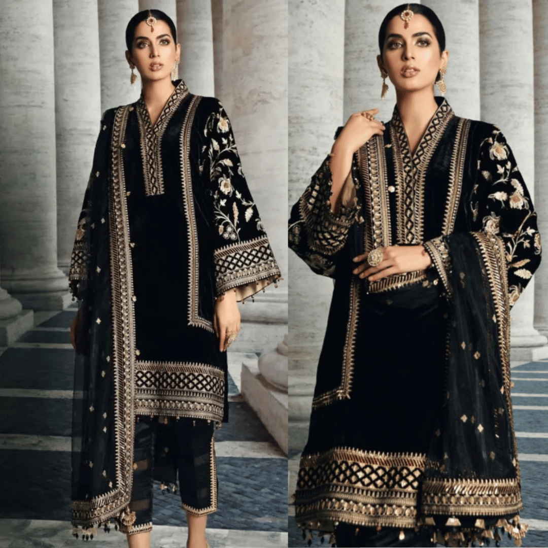 Anaya Velvet Embroidered Dress With Organza Embroidered Shawl - zab969