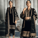Anaya Velvet Embroidered Dress With Organza Embroidered Shawl - zab969