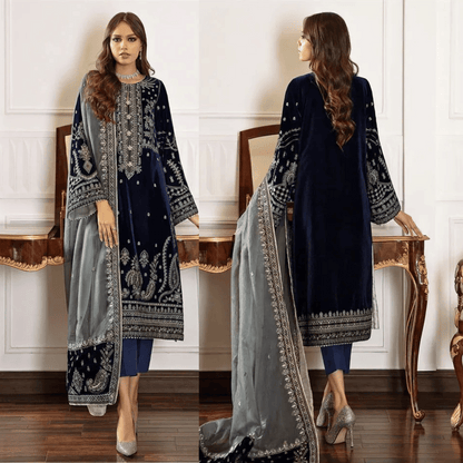 Baroque- Winter 3PC Velvet Embroidered Suit - zab971