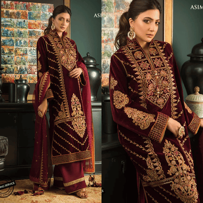Asim jofa Embroidered Velvet 3piece suit - zab977