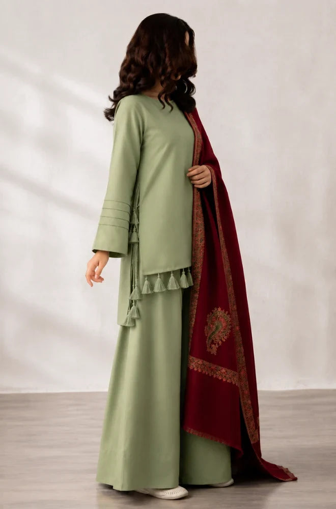 Elegant Sage Green 3-Piece Suit with Maroon Printed Shawl - zab1517