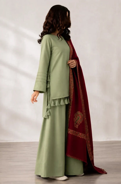 Elegant Sage Green 3-Piece Suit with Maroon Printed Shawl - zab1517