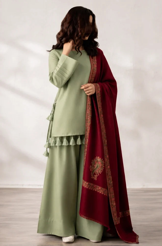 Elegant Sage Green 3-Piece Suit with Maroon Printed Shawl - zab1517