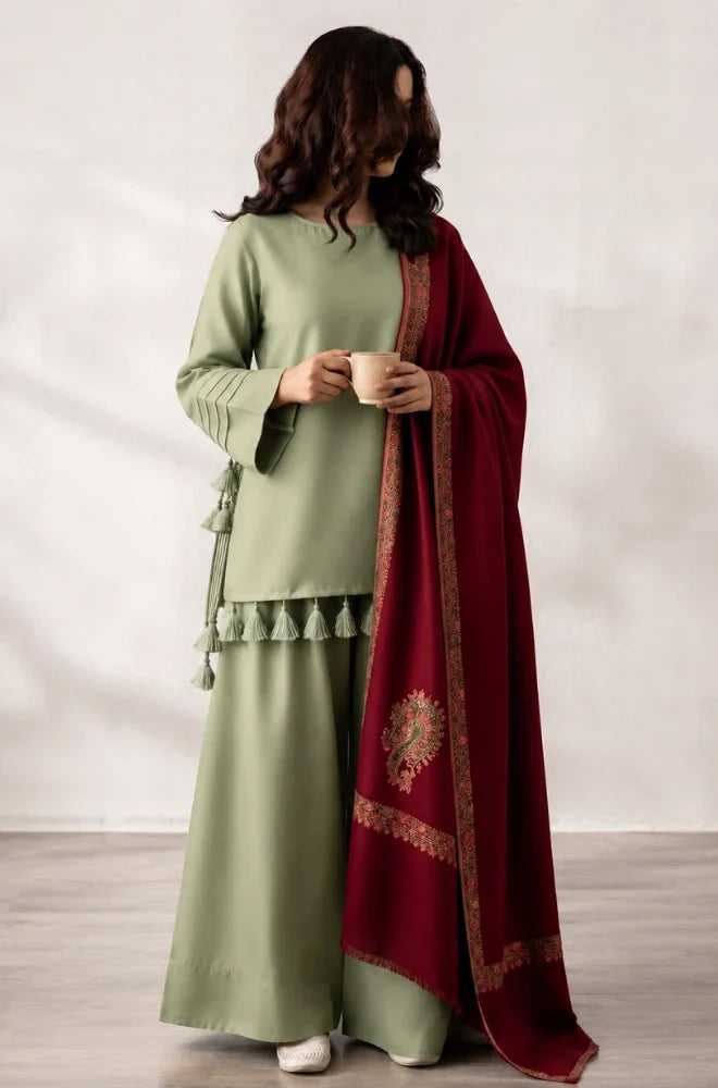Elegant Sage Green 3-Piece Suit with Maroon Printed Shawl - zab1517