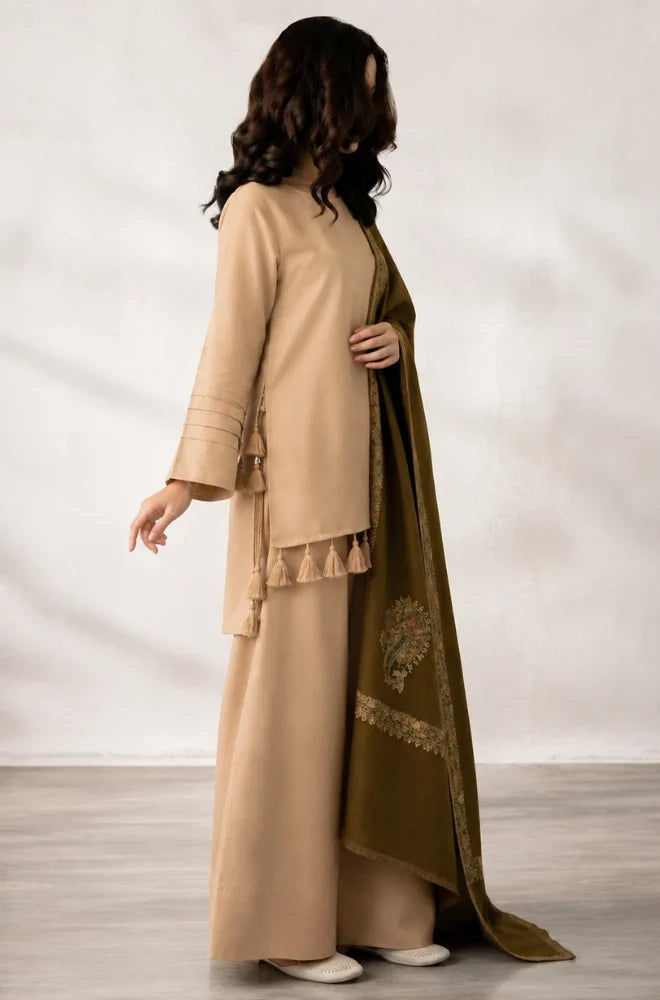 Premium Beige & Olive Green 3-Piece Unstitched Suit with Printed Shawl - zab1516
