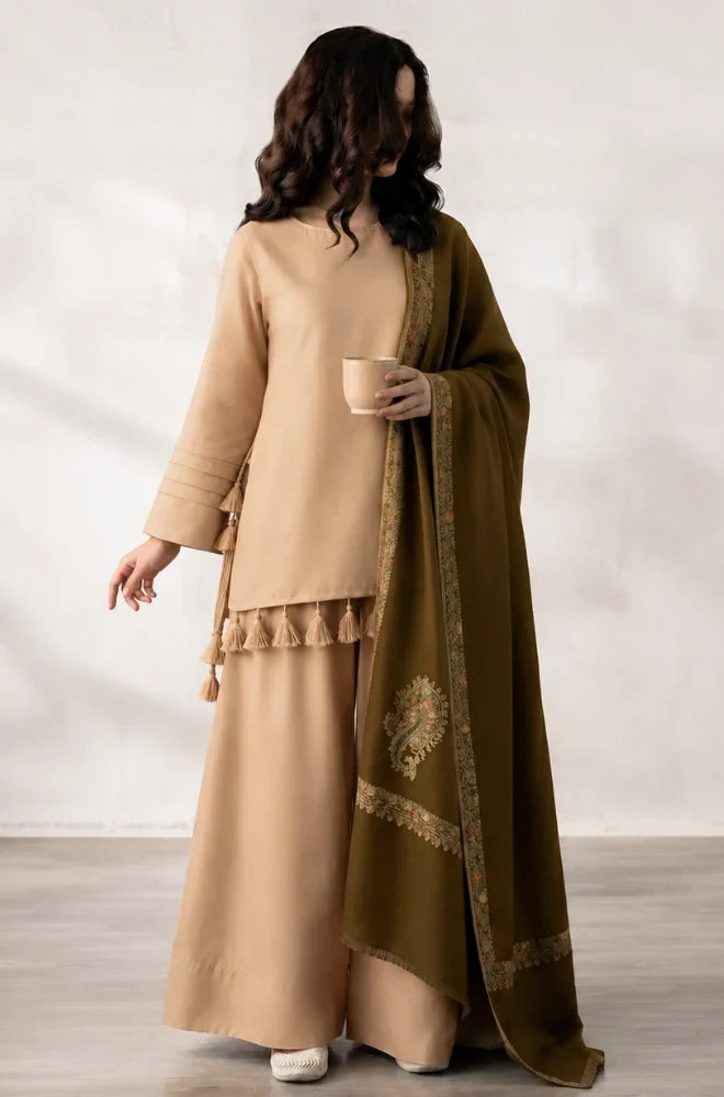 Premium Beige & Olive Green 3-Piece Unstitched Suit with Printed Shawl - zab1516