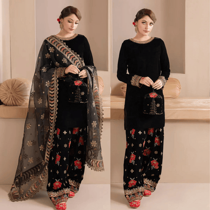 Embroidered Velvet Dress With Organza embroidered Dopata - zab978