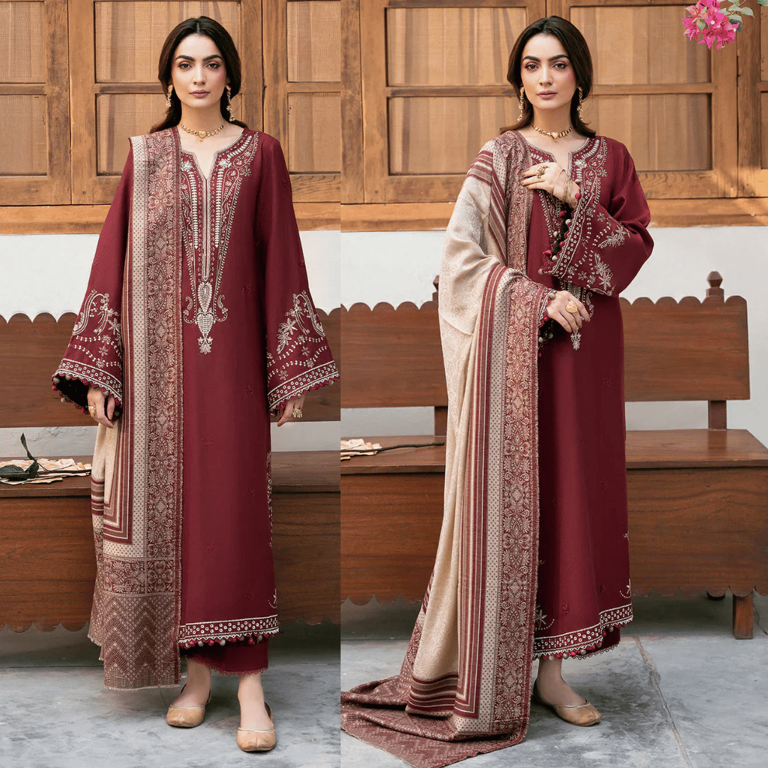 IZEL-3PC DHANAK EMBROIDERED SHIRT WITH COURTRAI PRINT SHAWL - zab1273