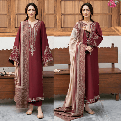 IZEL-3PC DHANAK EMBROIDERED SHIRT WITH COURTRAI PRINT SHAWL - zab1273