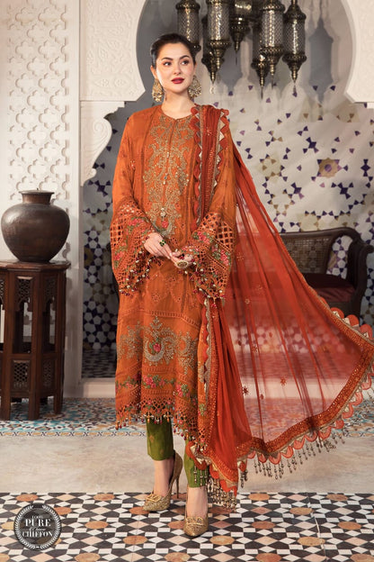 ZAB543 Maria .B 3PC Linen full embroidered front piece for shirt sleeves embroidered With Bamber chiffon embroidered dupatta