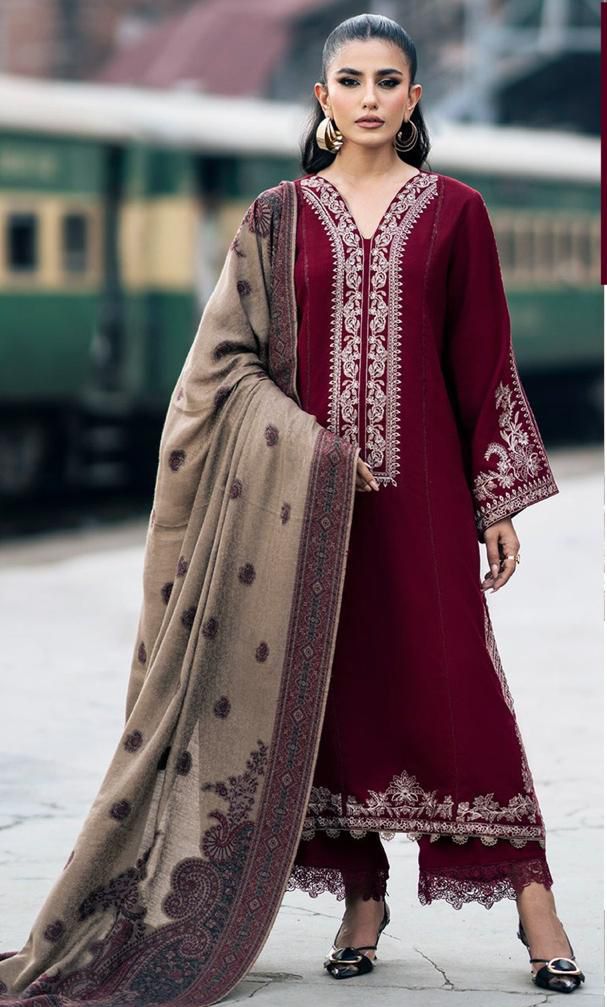 Embroidered 3pc Dhanak dress with Print shawl - zab1142