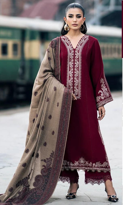 Embroidered 3pc Dhanak dress with Print shawl - zab1142