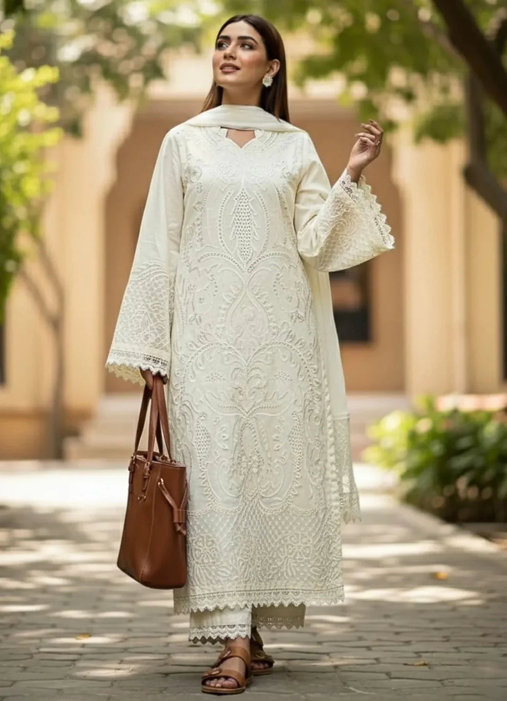 ZAB - 3PC Lawn Chiken Kari Embroidered Shirt with organza Embroidered Dupatta zab1286