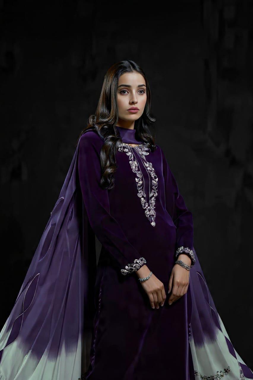 Veezal Embroidered Velvet Dress with Embroidered Karandi Shawl - zab994