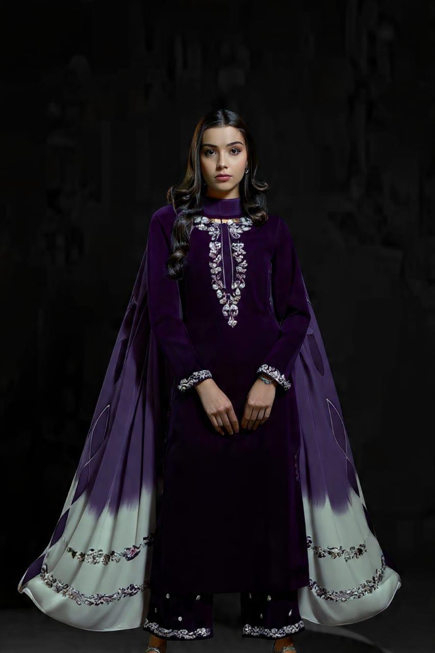 Veezal Embroidered Velvet Dress with Embroidered Karandi Shawl - zab994