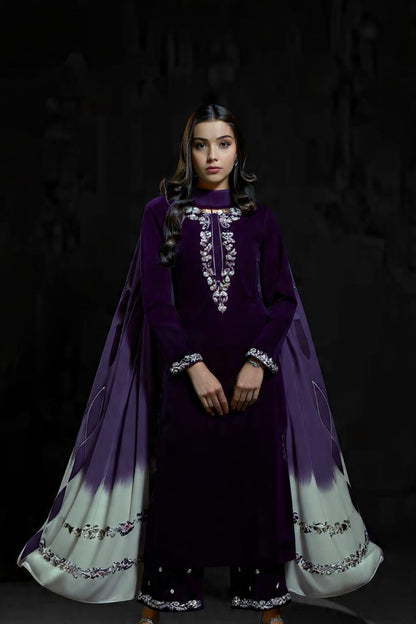 Veezal Embroidered Velvet Dress with Embroidered Karandi Shawl - zab994