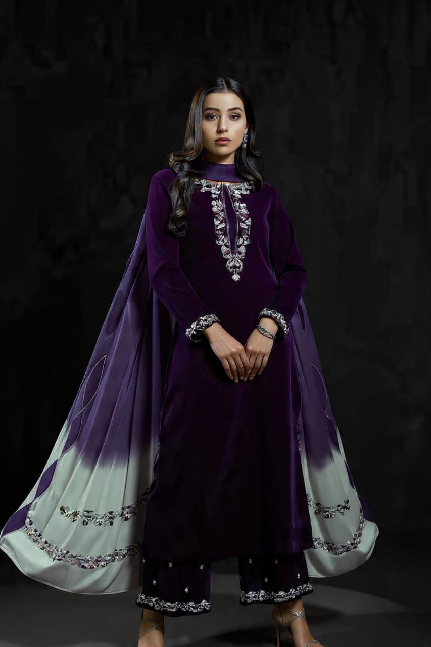 Veezal Embroidered Velvet Dress with Embroidered Karandi Shawl - zab994