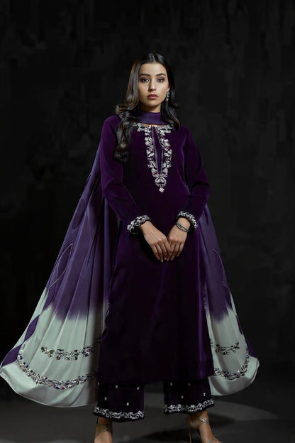 Veezal Embroidered Velvet Dress with Embroidered Karandi Shawl - zab994