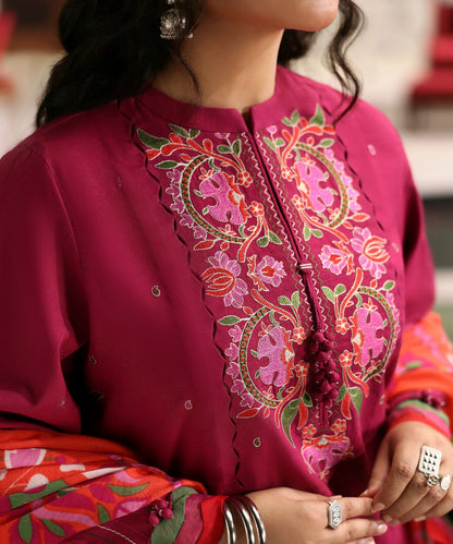 Sapphire - -3PC DHANAK EMBROIDERED SHIRT WITH COURTRAI WOOL PRINT SHAWL - zab1265