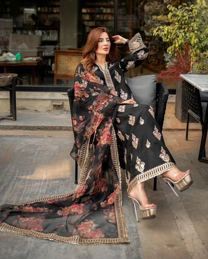 Mushq - 3PC Dhanak ChickenKari Embroidered Suit - zab1220
