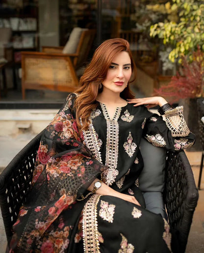 Mushq - 3PC Dhanak ChickenKari Embroidered Suit - zab1220