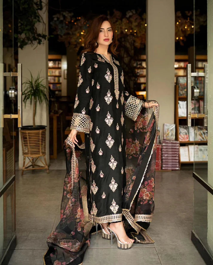 Mushq - 3PC Dhanak ChickenKari Embroidered Suit - zab1220