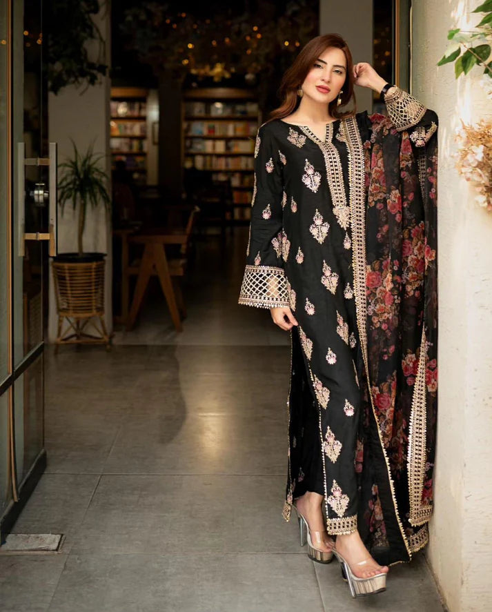 Mushq - 3PC Dhanak ChickenKari Embroidered Suit - zab1220