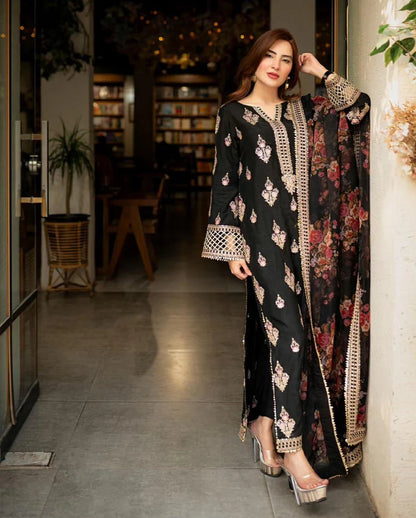 Mushq - 3PC Dhanak ChickenKari Embroidered Suit - zab1220
