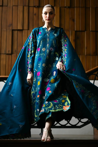 Nisa - 3PC DHANAK EMBROIDERED SHIRT WITH DHANAK EMBROIDERED SHAWL - zab1244
