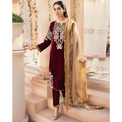 Jazmin - Embroidered Velvet 3-Piece Dress - zab986