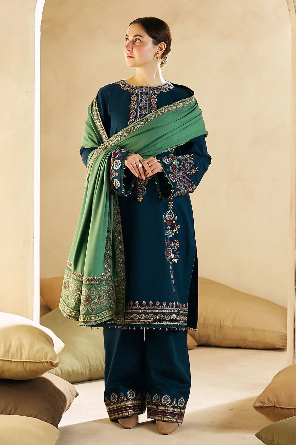 zab669 Embroidered Dhanak Suit with Heavy Embroidered Dhanak Shawl