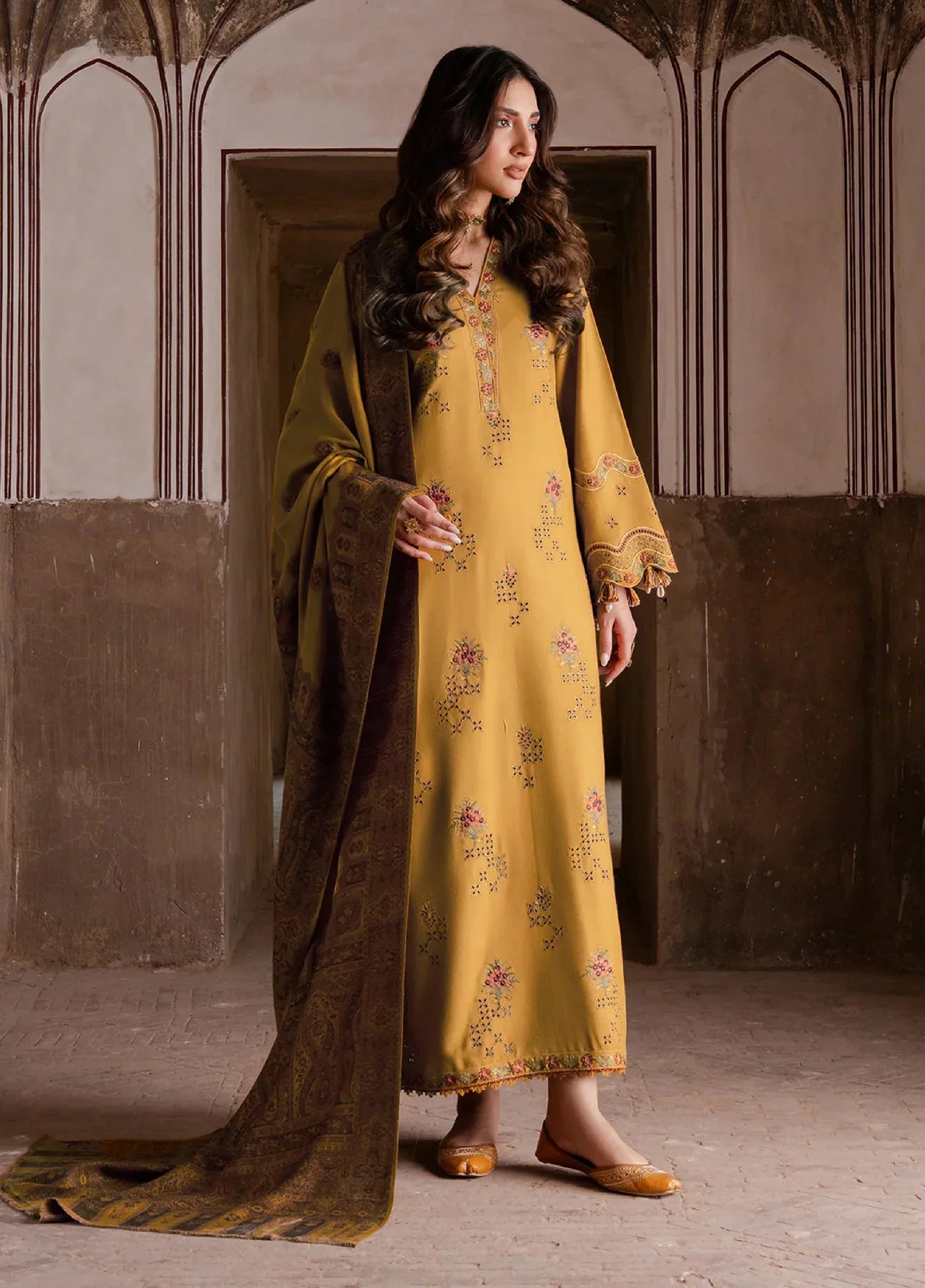 IZEL-3PC DHANAK EMBROIDERED SHIRT WITH COURTRAI WOOL PRINT SHAWL - zab1272