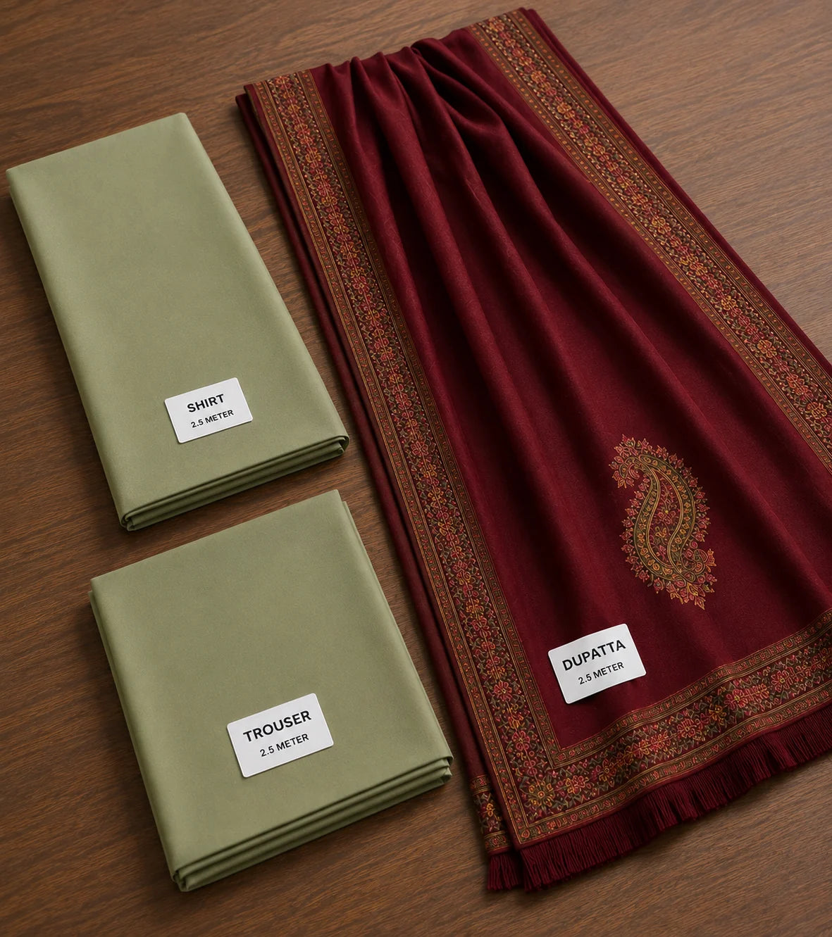 Elegant Sage Green 3-Piece Suit with Maroon Printed Shawl - zab1517