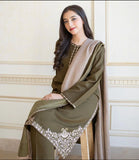 zab670 3PC Dhanak Embroidered  suit with  Shawl