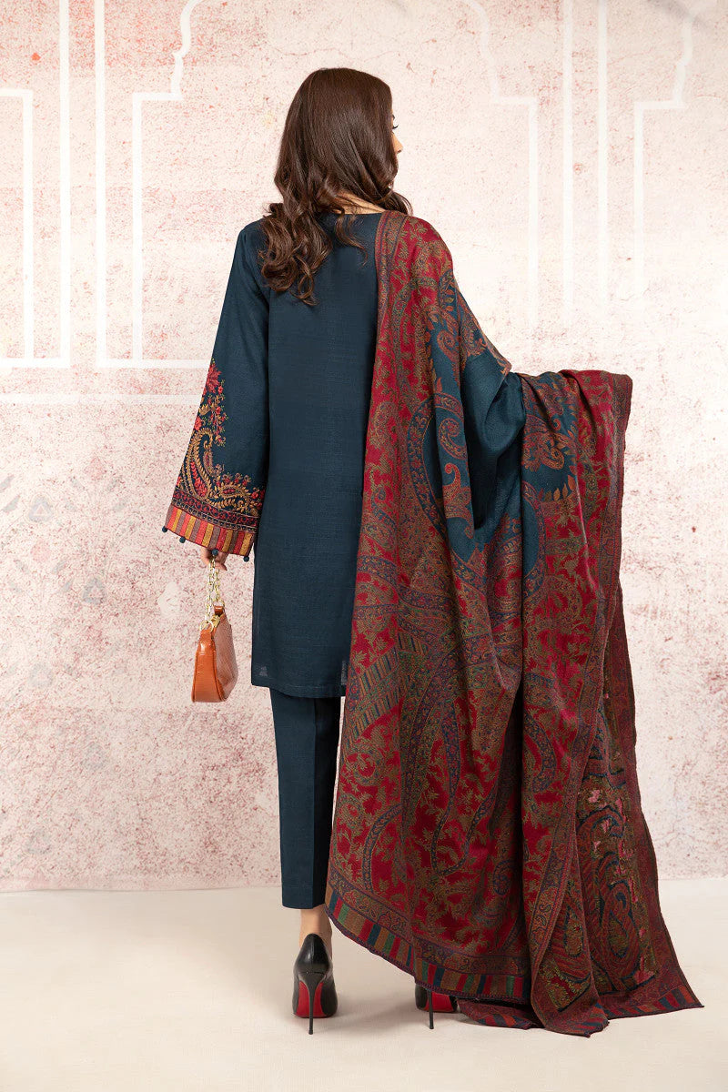 zab658 3PC Khaddar Embroidered Suit with Print Wool Shawl