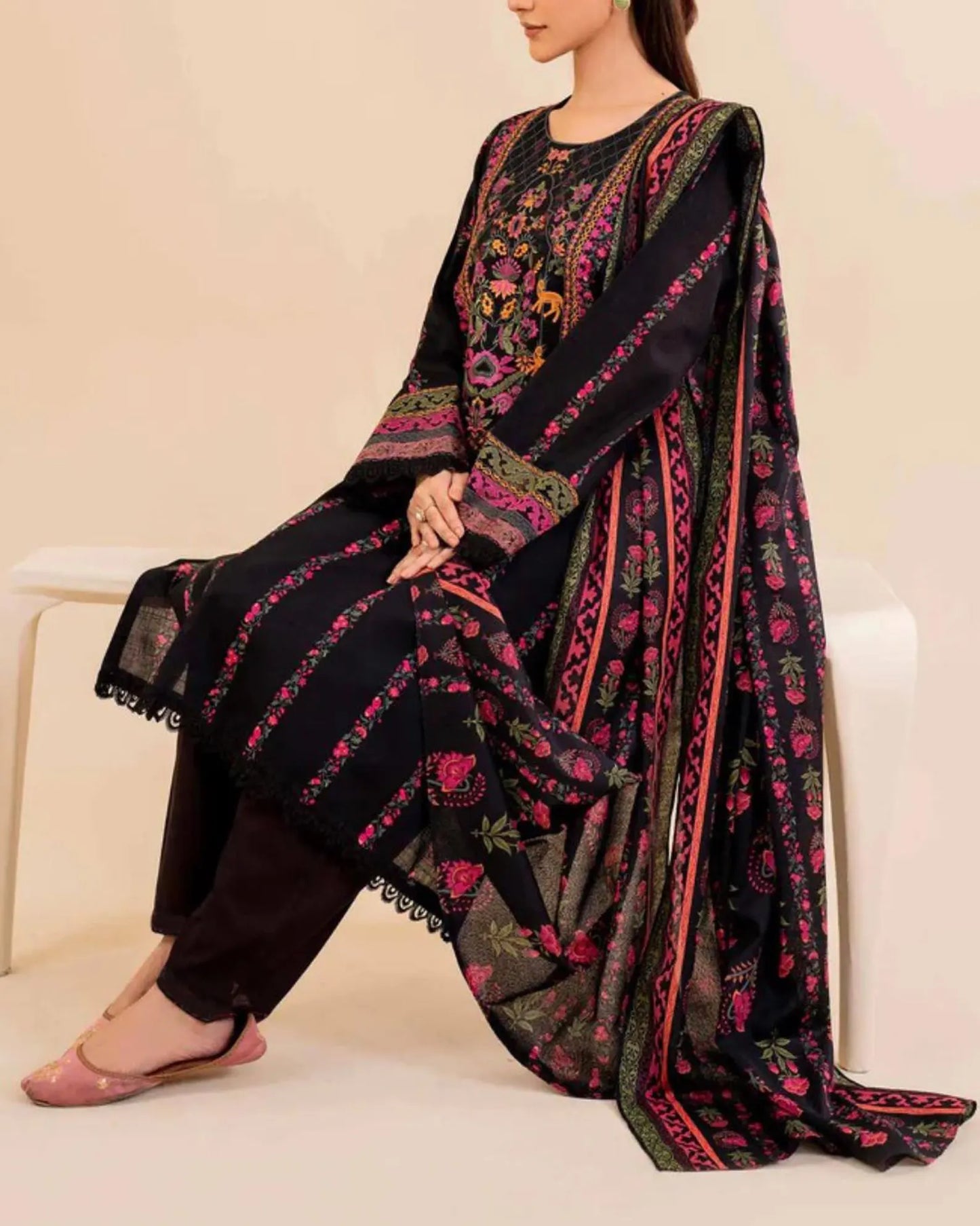 Khaddar 3 Piece Embroidered Dress - zab1145