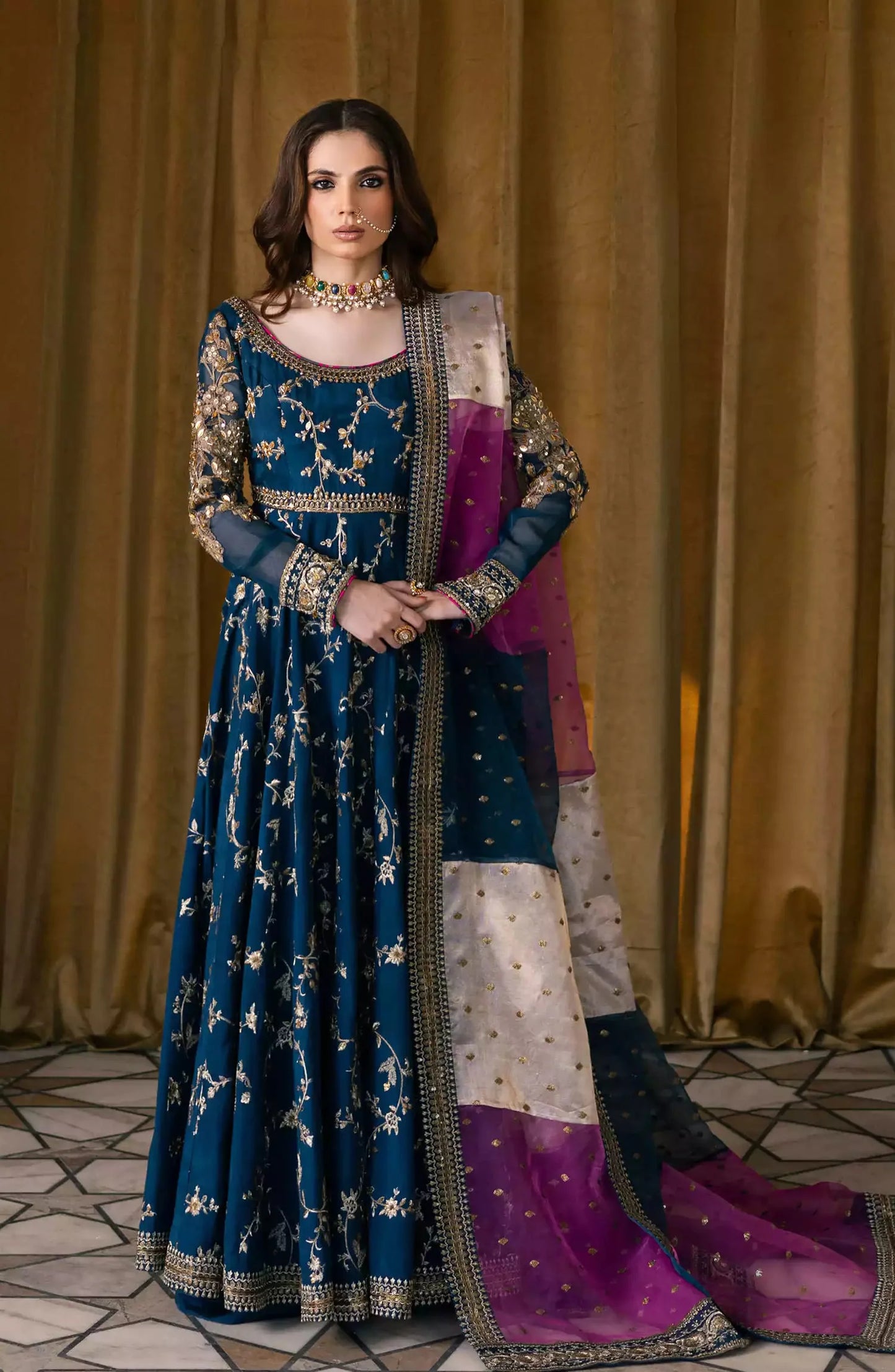 Maryum N Maria 3 piece kataan silk frock style embroidered suit - zab1146