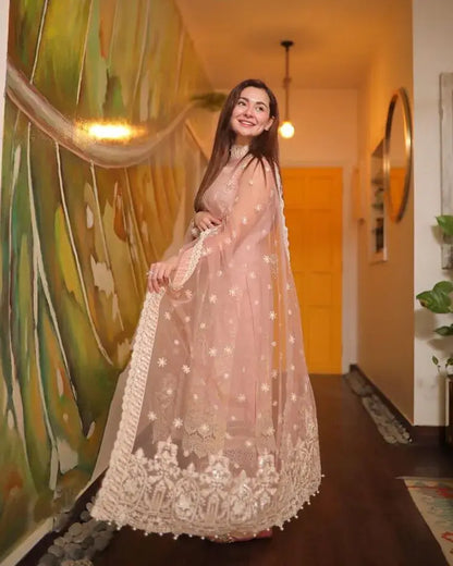 3 Piece Unstitched Heavy Embroidered Lawn Suit ( Fully Embroidered Organza Dupatta ) zab784