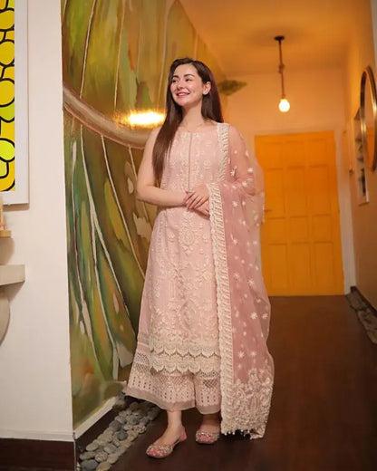 3 Piece Unstitched Heavy Embroidered Lawn Suit ( Fully Embroidered Organza Dupatta ) zab784