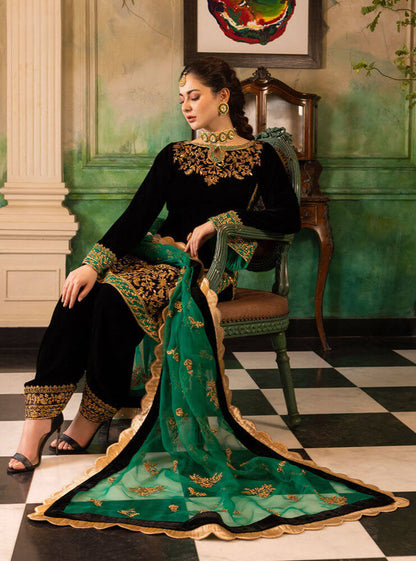 zab953 3-Piece Unstitched Heavy Embroidered Velvet Suit ( Four Sided Embroidered Organza Dupatta )